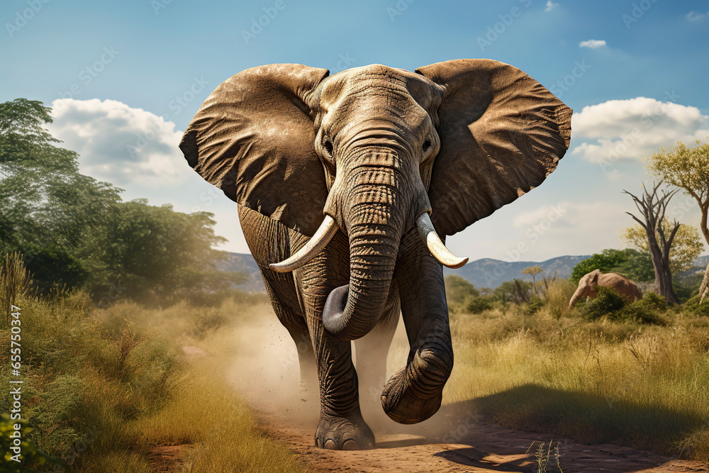Fototapeta premium Elephant walking on road in the savannah.