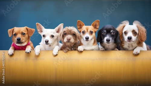 group of chihuahua dog sitting on a yellow fence.