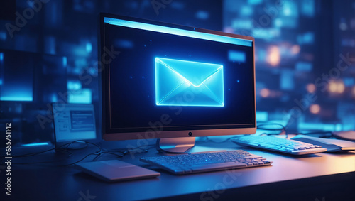 An image of a glowing email envelope in the center of the monitor above the keyboard. 