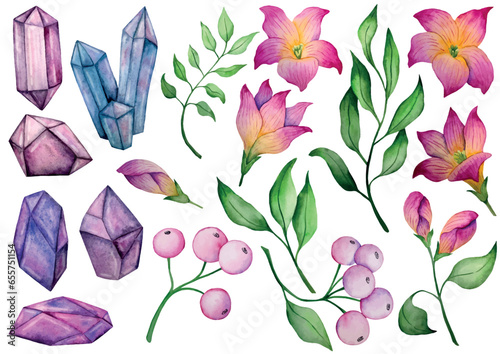 Watercolor vector set of flowers, leaves and gemstones