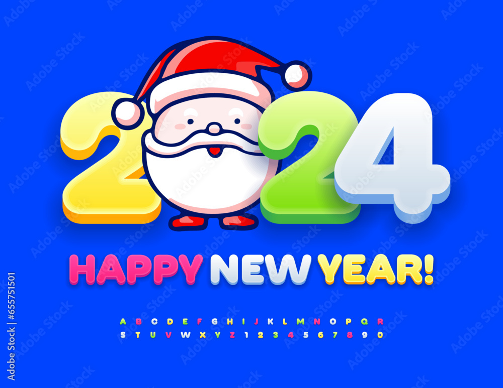 Vector funny Greeting Card Happy New Year 2024 with decorative Santa Claus. Cute colorful Font. Set of 3D bright Alphabet Letters and Numbers Vector funny Greeting Card Happy New Year 2024 with decorative Santa Claus. Cute colorful Font. Set of 3D bright Alphabet Letters and Numbers