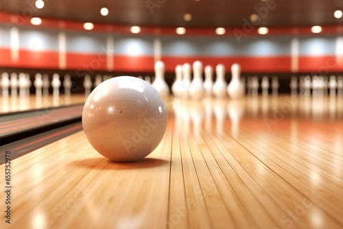 3D illustration of a ball rolling on a bowling alley lane. Generative AI photo