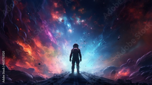 Space background. Astronaut standing on reflection surface with colorful fractal nebula. Digital painting  3D renderin