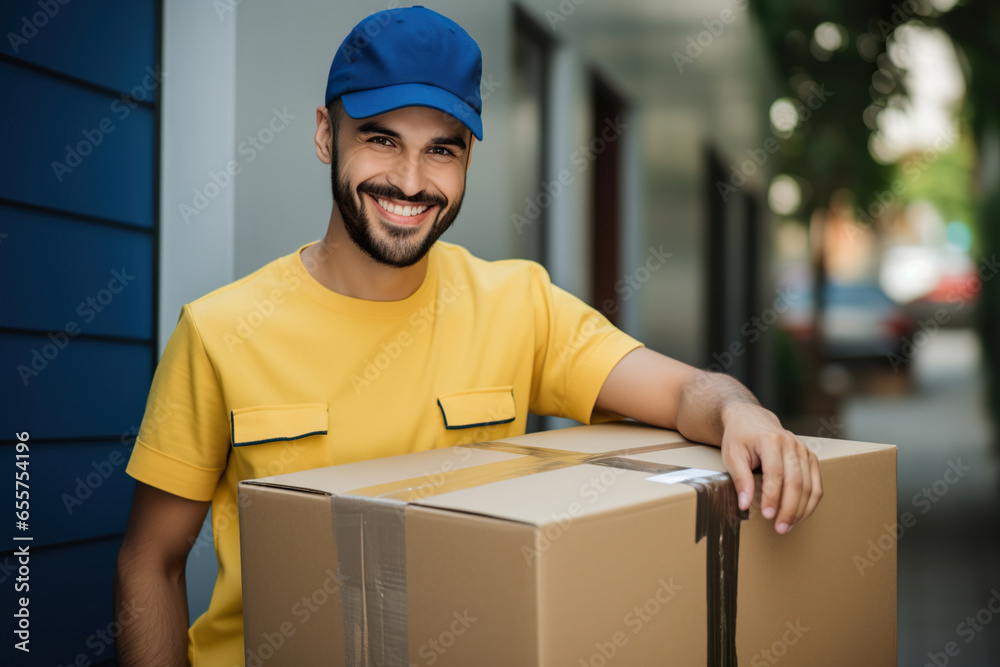 A Caucasian delivery guy in the delivery van is ready to deliver the package to a customer. A Caucasian delivery guy in the delivery van is ready to deliver the package to a customer.