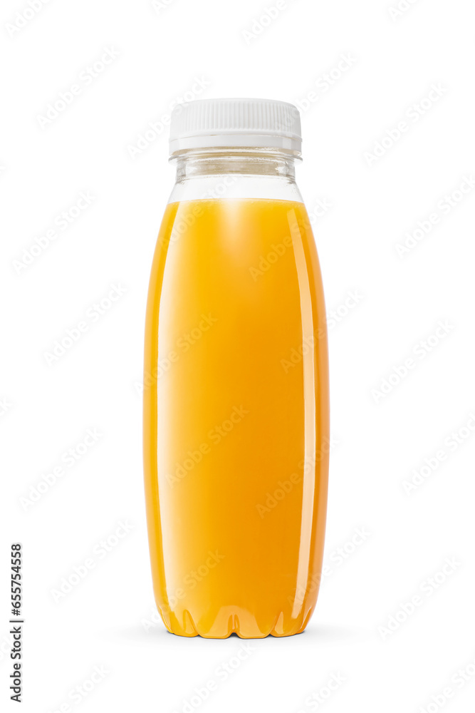 Fresh orange juice in a small plastic bottle isolated. Transparent PNG image. Fresh orange juice in a small plastic bottle isolated. Transparent PNG image.