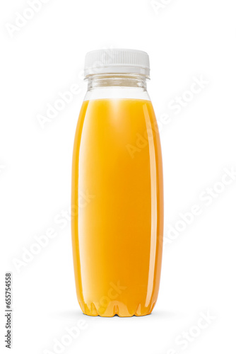 Fotografia Fresh orange juice in a small plastic bottle isolated