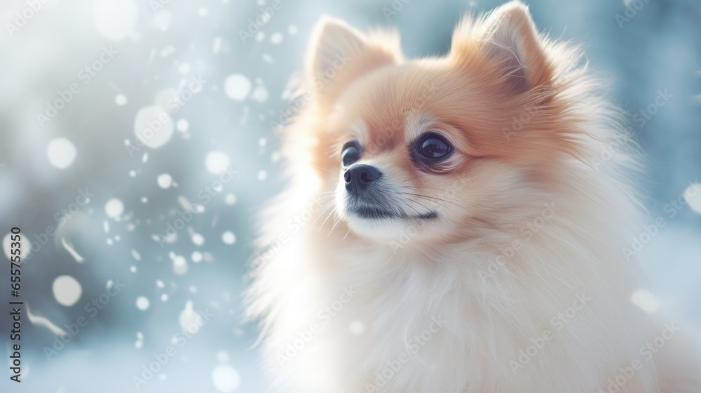pomeranian dog in snow