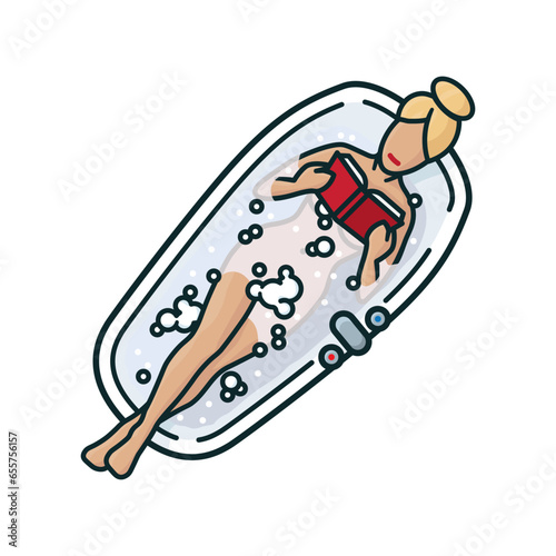 Woman in bathtub reading book isolated vector illustration for Read In The Bathtub Day on February 9