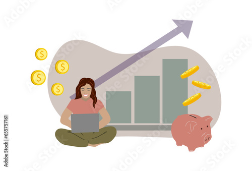 Young woman investing money in the stock marked. Vector illustration. Woman bying stocks using online plattform. photo