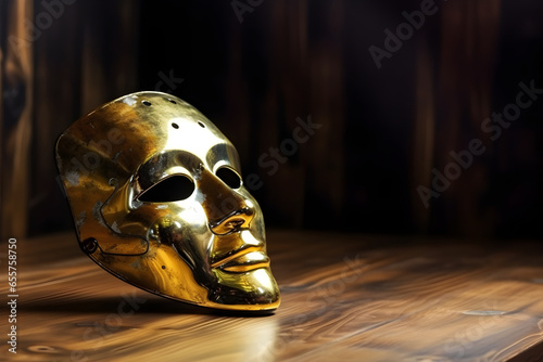 Traditional golden carnival mask on wooden background, Close up, Venetian masquerade mask, festival, anonymous crimes concept photo