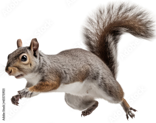 jumping grey brown squirrel isolated on a white background as transparent PNG photo