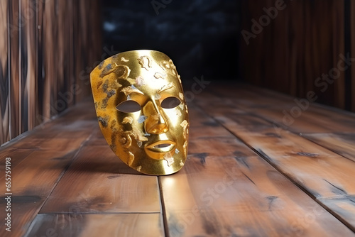 Traditional golden carnival mask on wooden background, Close up, Venetian masquerade mask, festival, anonymous crimes concept photo