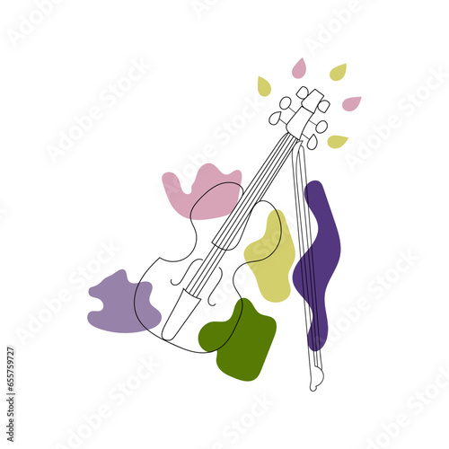 Colorful violin on white background. Line art style. Cute multicolored vector illustration: pink, violet, green and yellow colors 