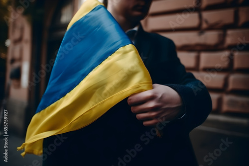 A male holding ukrainian flag, Independence Day, kiev day concept