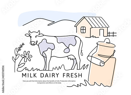 Cow with milk can line art drawing. Minimalist black linear sketch