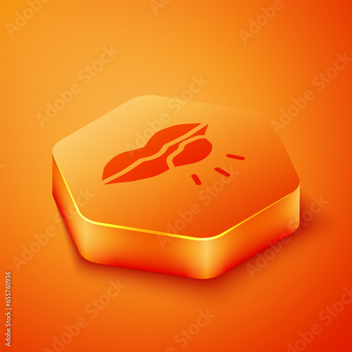 Isometric Herpes lip icon isolated on orange background. Herpes simplex virus. Labial infection inflammation symbol. Orange hexagon button. Vector