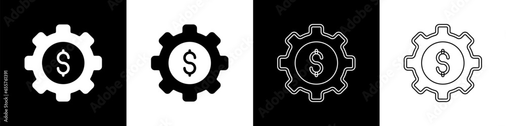 Set Gear with dollar symbol icon isolated on black and white background. Business and finance conceptual icon. Vector Set Gear with dollar symbol icon isolated on black and white background. Business and finance conceptual icon. Vector