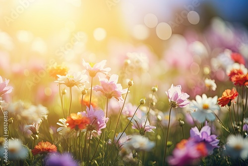 Flower field in sunlight, spring or summer garden background in closeup macro