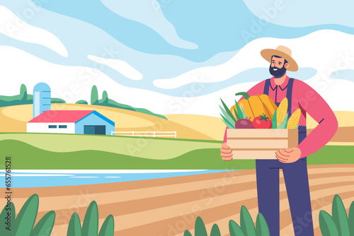 Agriculture, harvesting. Male farmer in uniform holds basket of ripe vegetables on the farmland landscape background. Work and harvest. Vector illustration for mobile and web graphics.