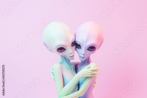 Two aliens hug each other on pastel pink background. Abstract scene of love with humanoid green mystery characters from the universe.