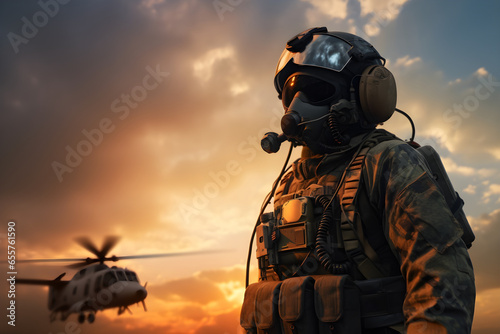 A helicopter pilot in uniform and helmet stands next to a helicopter with the sun behind him. photo