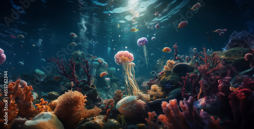 Fotografiet coral reef and fish, coral reef in the sea ,cinematic photo of sea creatures und