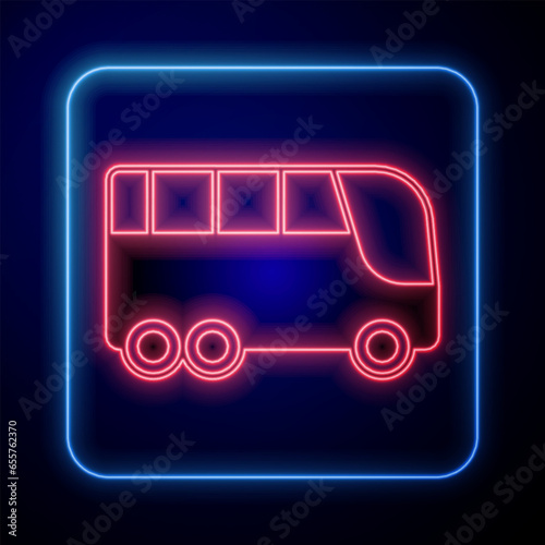 Glowing neon Bus icon isolated on black background. Transportation concept. Bus tour transport. Tourism or public vehicle symbol. Vector