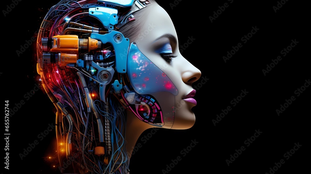 Man of the future, a combination of a woman and a robot, visible technological elements, a creative portrait