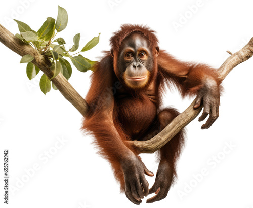 Orang-utan ape hanging on a vine in the trees isolated on a white background as transparent PNG