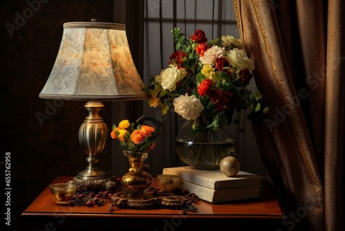 Tabletop with picture frame, lamp, vase of flowers, and shade. Generative AI