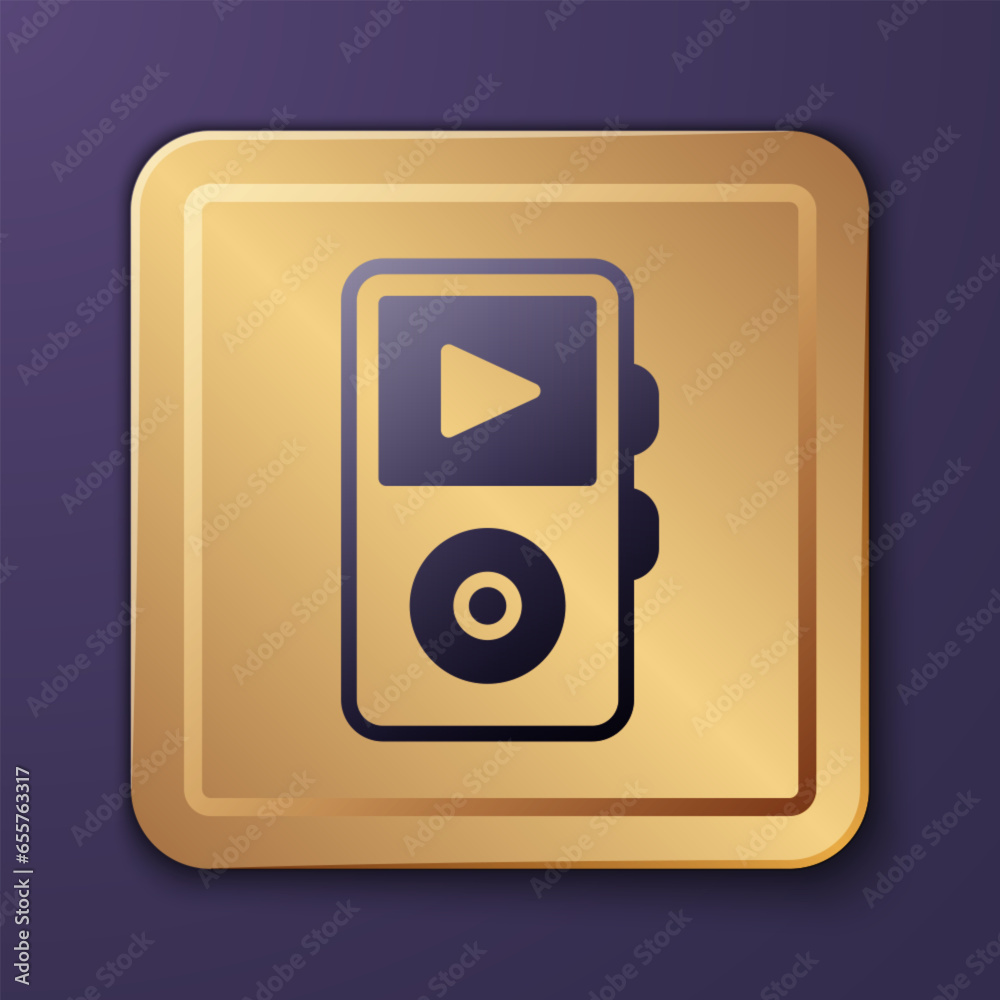 Purple Music player icon isolated on purple background. Portable music device. Gold square button. Vector Purple Music player icon isolated on purple background. Portable music device. Gold square button. Vector