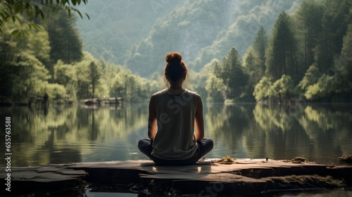 Focused woman practicing mindfulness and meditation in a serene  zen natural environment. Surrounded by lush greenery with sense of peace and tranquility. Mental growth  strength or personal wellness