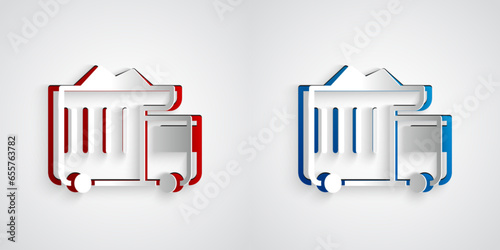 Paper cut Large industrial mining dump truck icon isolated on grey background. Big car. Paper art style. Vector