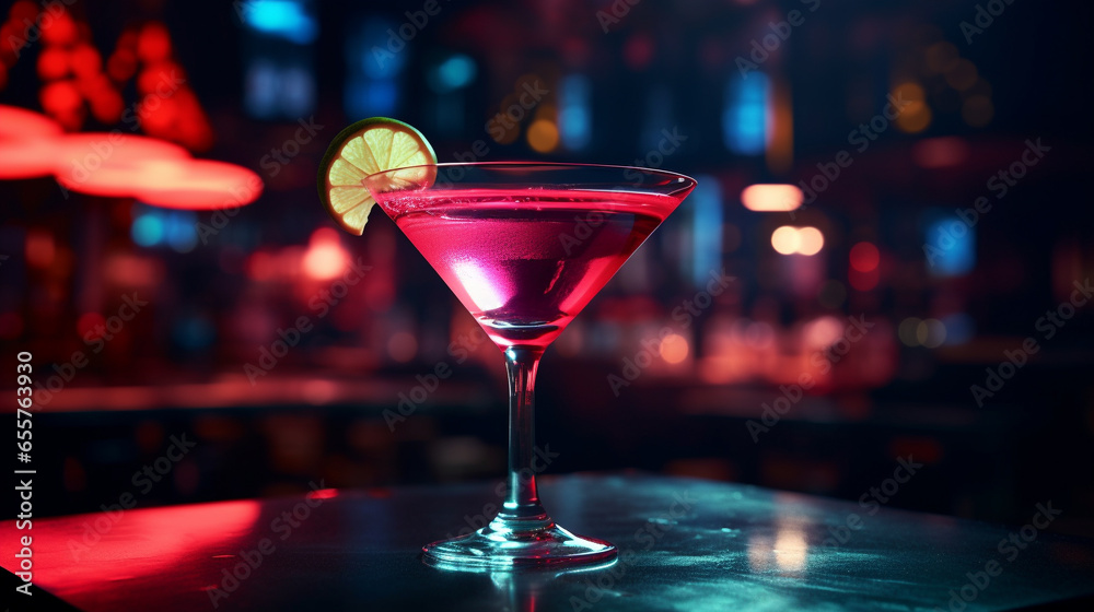 Product photograph of Margarita cocktail on a table in a nigth bar. Dramatic light. Pink color palette. Drinks.
