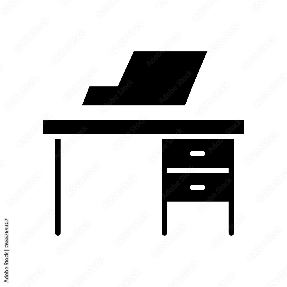 Office desk, Workplace and job, working symbol. Study table at home. pictogram computer on desk, office drawers work space. Laptop on table icon. Vector illustration filled outline style Office desk, Workplace and job, working symbol. Study table at home. pictogram computer on desk, office drawers work space. Laptop on table icon. Vector illustration filled outline style