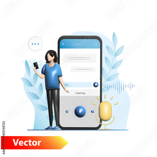 Vector, voluminous, tiny woman in a large smartphone sends a voice message, SMS in a chat, correspondence with a microphone. Voice, smart, online assistant. 3D girl communicates on the Internet.