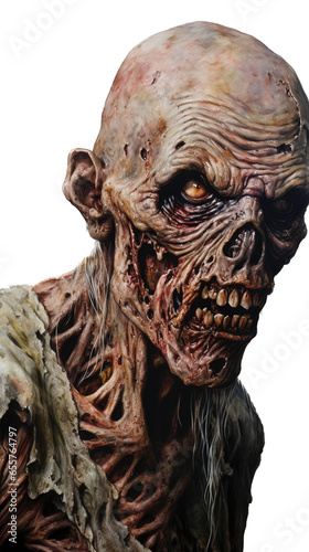 human scary zombie head isolated on a transparent background.