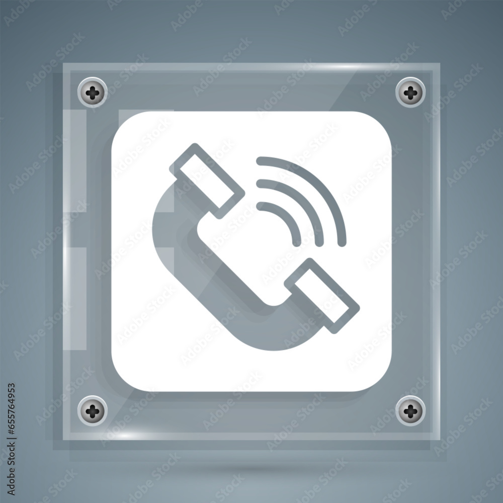 White Telephone handset icon isolated on grey background. Phone sign. Square glass panels. Vector White Telephone handset icon isolated on grey background. Phone sign. Square glass panels. Vector