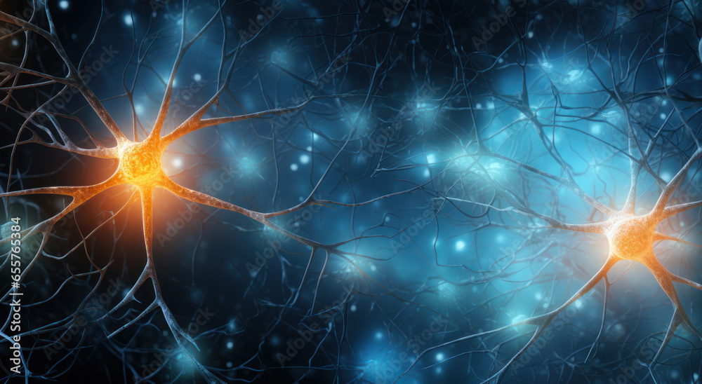 Neuron cell and neurons in connection with glowing light.