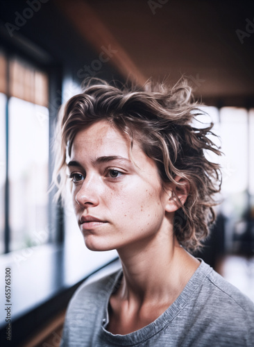 ritratto primo piano con volto di giovane donna dai capelli mossi, scompigliati, luce naturale, sguardo verso l'osservatore photo