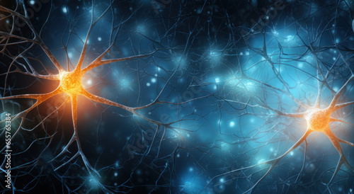 Neuron cell and neurons in connection with glowing light.