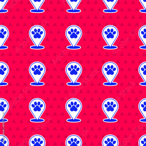 Blue Map pointer with veterinary medicine hospital, clinic or pet shop for animals icon isolated seamless pattern on red background. Veterinarian clinic. Vector