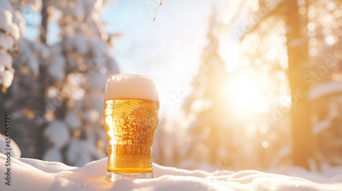 Product photograph of Beer pint glass in the snow In a winter forest. Sunlight.  Yellow color palette. Drinks.