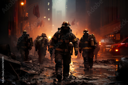 Rescue service in emergency situations. Firefighters in uniform work to save life during a fire.