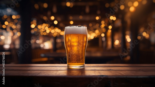 Product photograph of Beer pint glass on a table in a nigth bar. Dramatic light. Yellow color palette. Drinks.