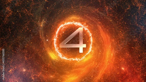 Five Seconds Countdown Timer with abstract fire burst energy  background. five to one count down science effect counting timer with hyperspace wormhole tunnel.Futuristic countdown photo