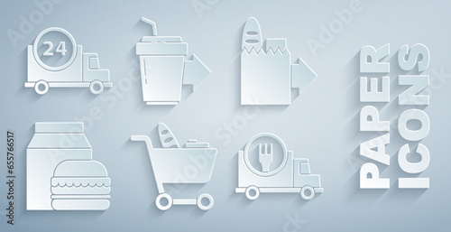 Set Shopping cart and food, Online ordering delivery, burger, Fast by, Coffee cup to go and icon. Vector