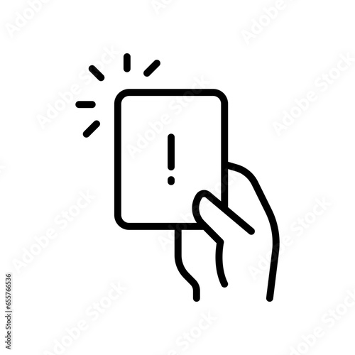 Hand holding card with exclamation mark for error card symbol. Penalty proof, Soccer or football referees hand with foul card warning icon. Vector illustration filled outline style
