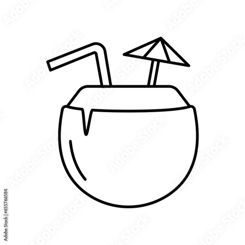 Coconut cocktail with umbrella and straw. Summer cocktail coconut milk drink juice with garnish. Fresh coco milk beverage in beach vacation icon. Vector illustration filled outline style