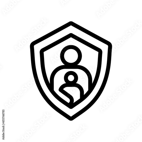 Parents and child avatar in shield badge for online safety kids symbol. Kids watch safe content on internet. Parental control outline flat solid icon Vector illustration filled outline style